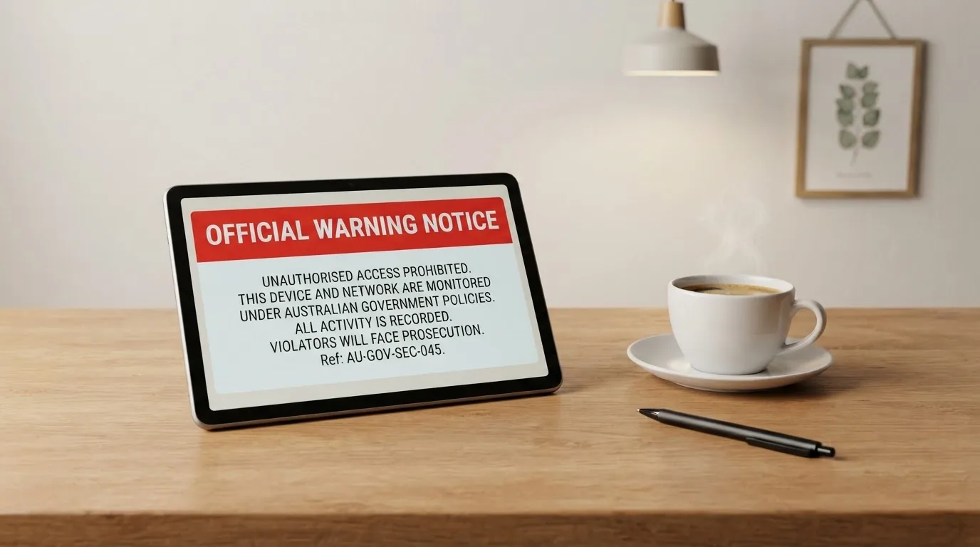 A tablet screen displaying an official regulator warning notice on a desk beside a coffee cup.