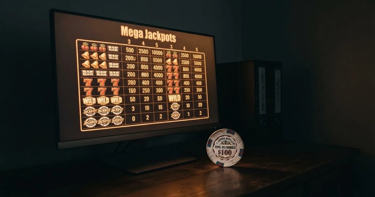 A slot machine's paytable screen glowing on a monitor in a dim room.
