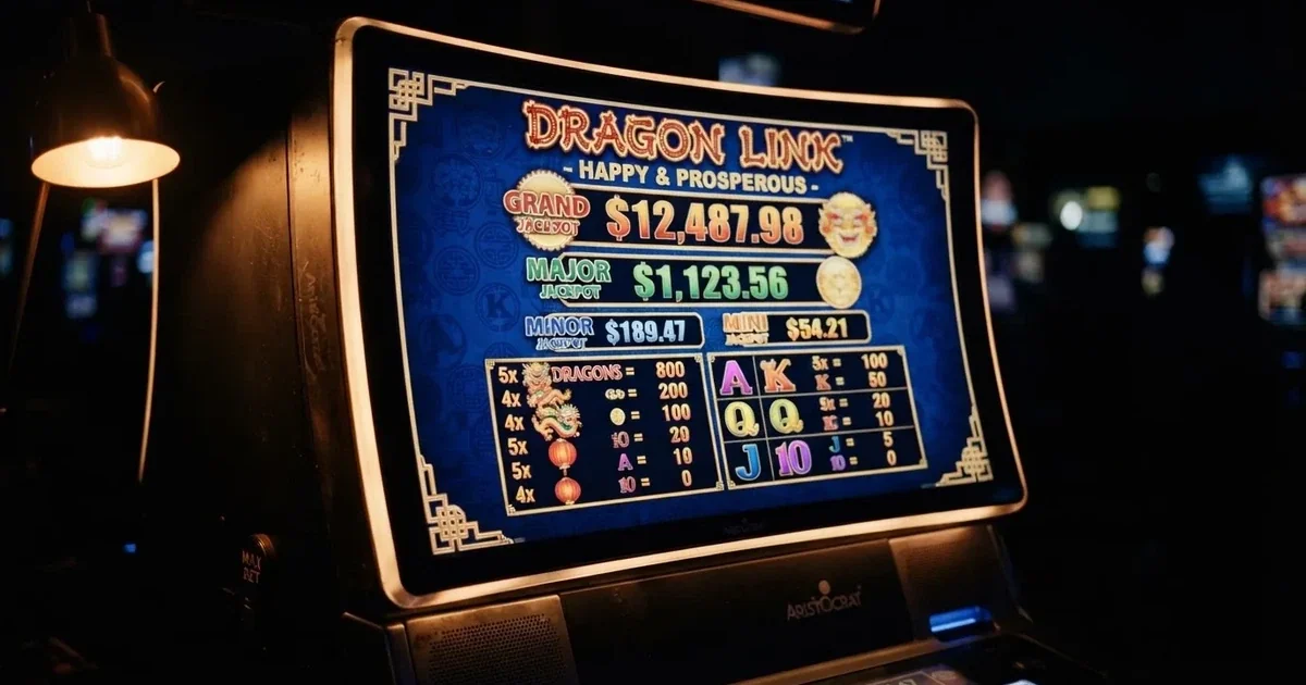 A slot machine's paytable screen glowing on a monitor in a dim room.
