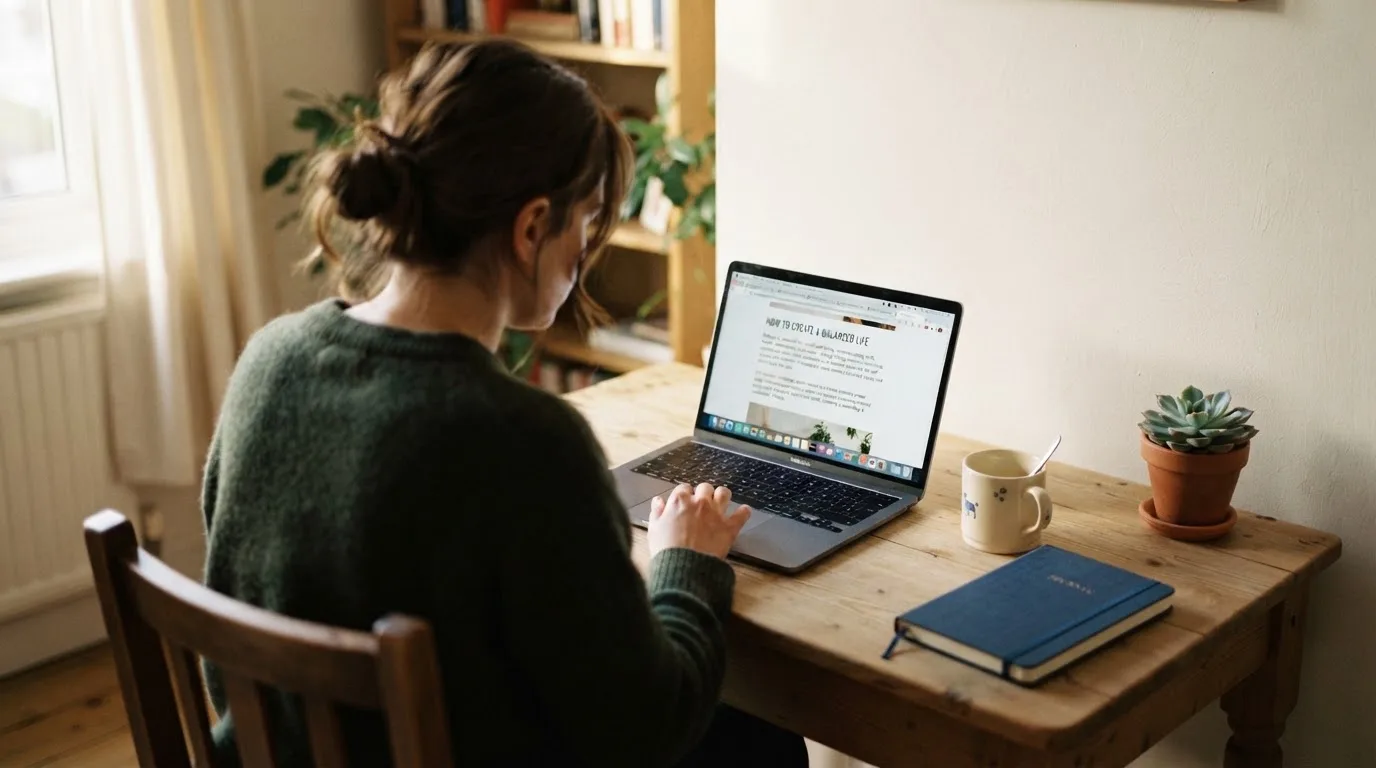 A person at a laptop reading a plain-language explainer article at a home desk.