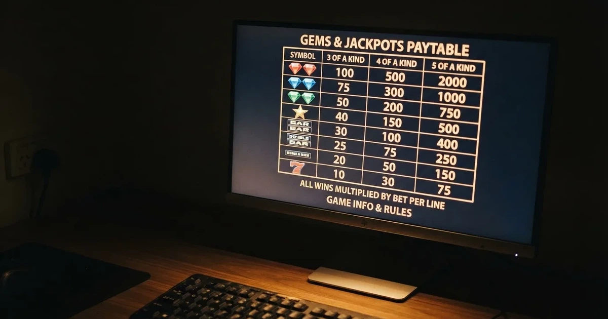A slot machine's paytable screen glowing on a monitor in a dim room.