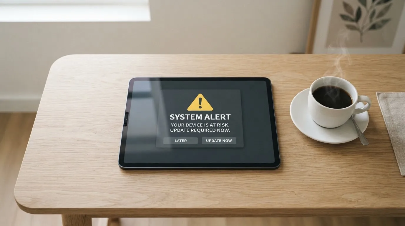A tablet screen displaying an official regulator warning notice on a desk beside a coffee cup.