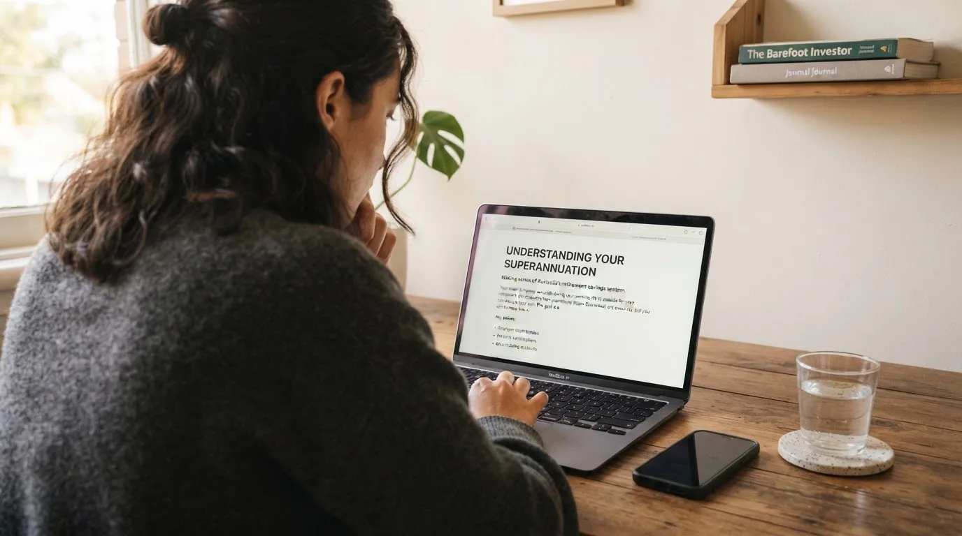 A person at a laptop reading a plain-language explainer article at a home desk.