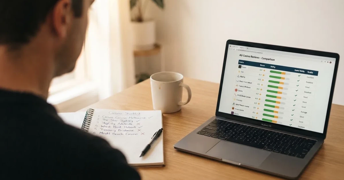 A notepad with a handwritten shortlist beside a laptop showing a comparison table.