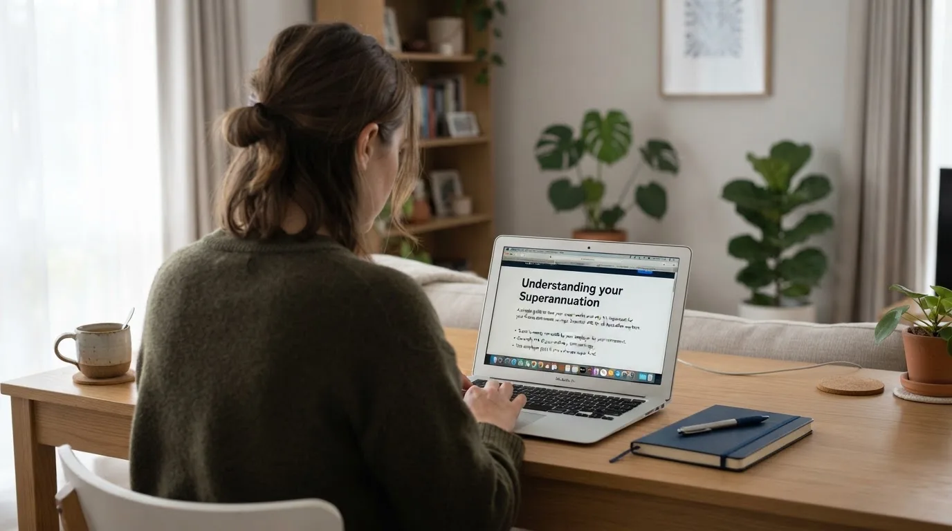 A person at a laptop reading a plain-language explainer article at a home desk.