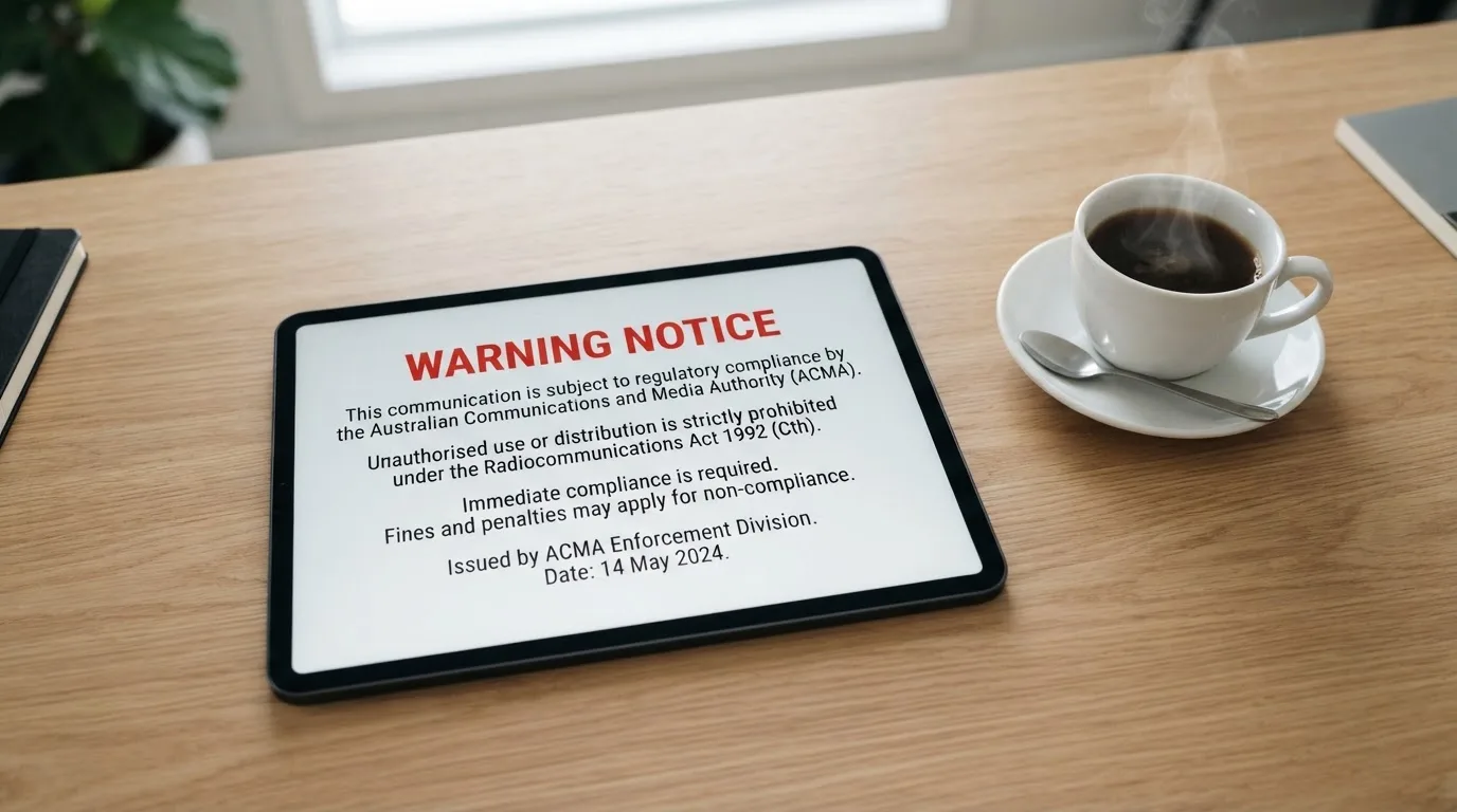 A tablet screen displaying an official regulator warning notice on a desk beside a coffee cup.