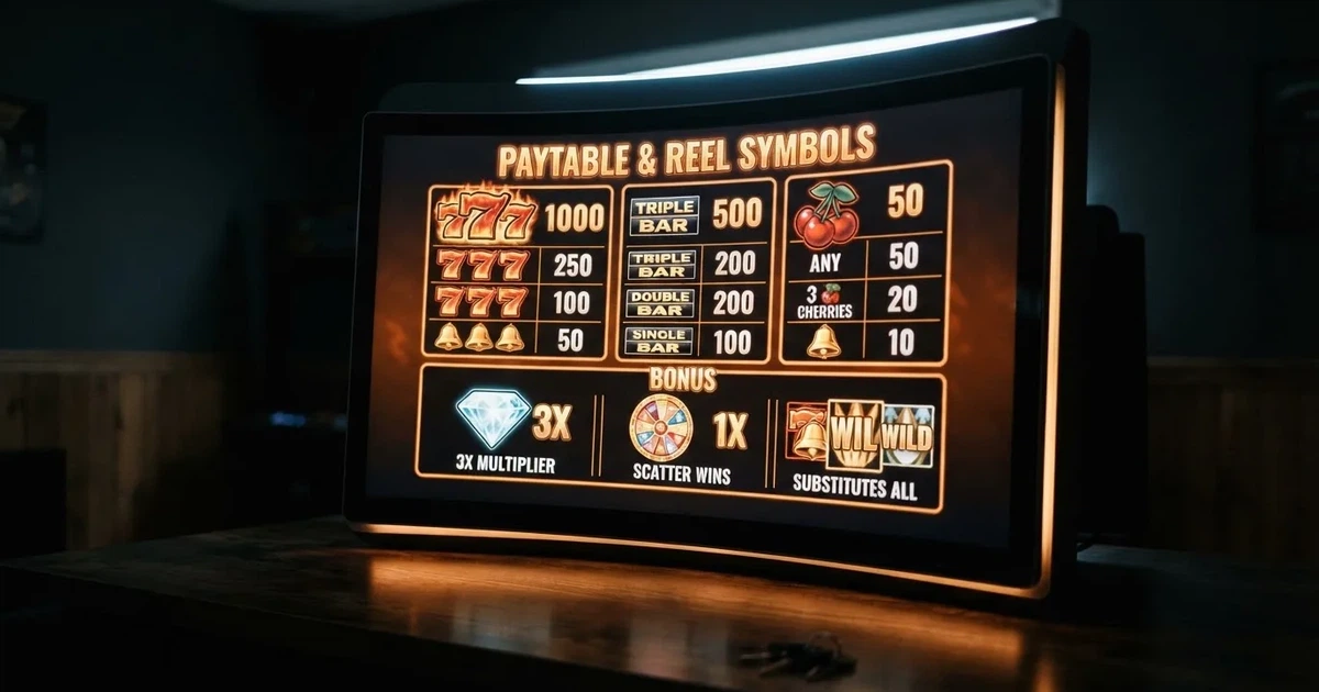 A slot machine's paytable screen glowing on a monitor in a dim room.