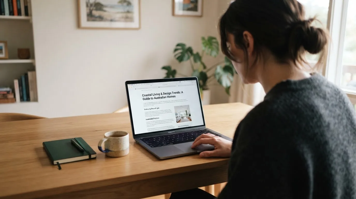 A person at a laptop reading a plain-language explainer article at a home desk.