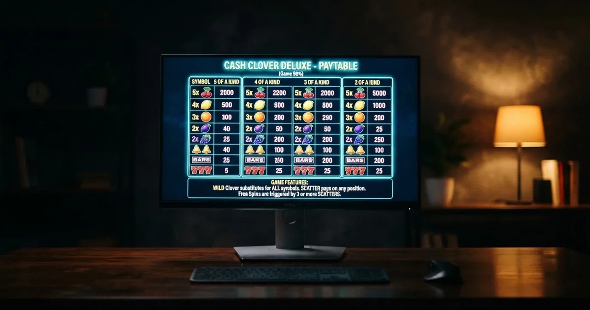A slot machine's paytable screen glowing on a monitor in a dim room.