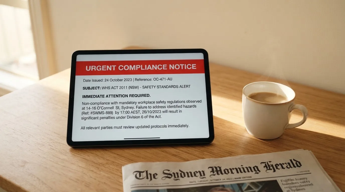 A tablet screen displaying an official regulator warning notice on a desk beside a coffee cup.