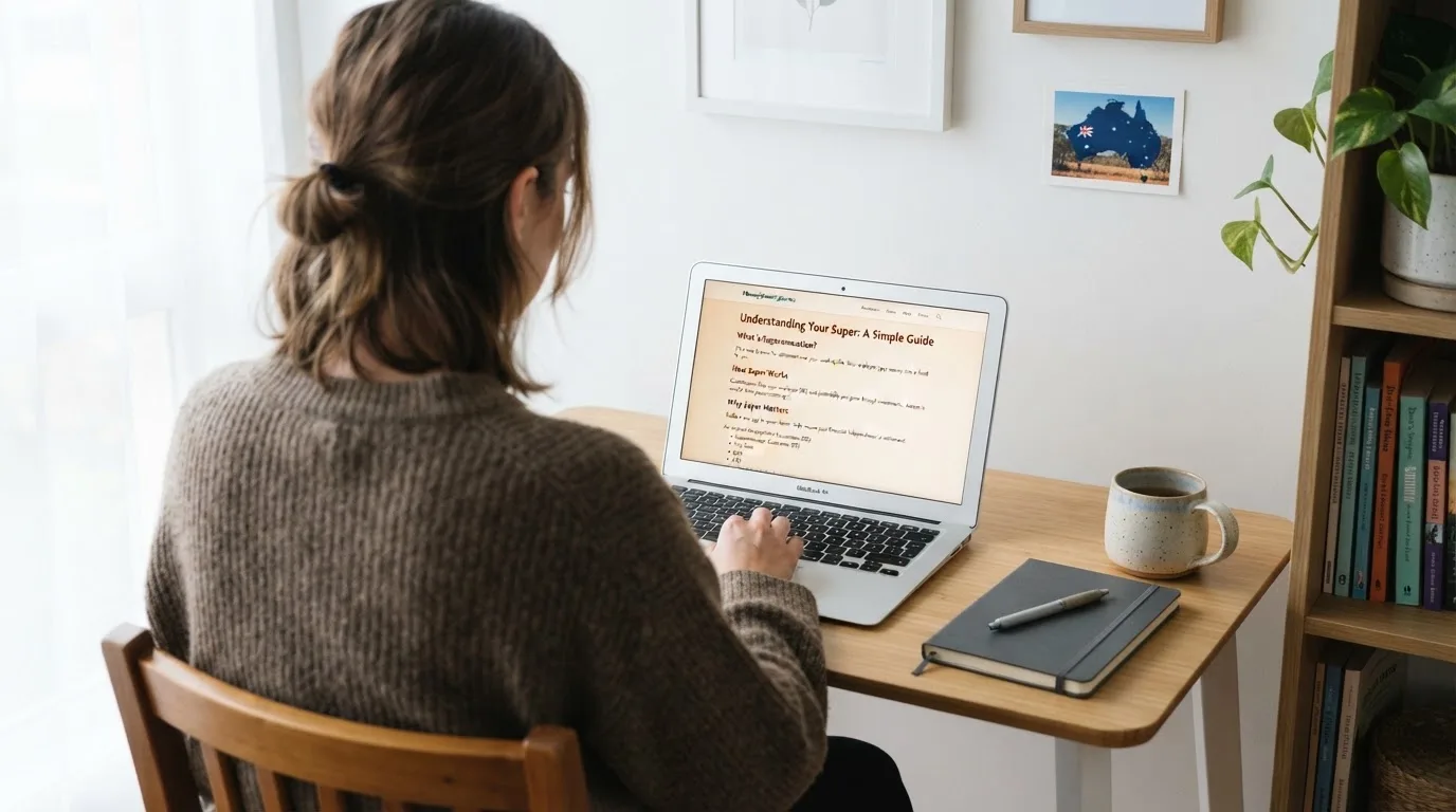A person at a laptop reading a plain-language explainer article at a home desk.