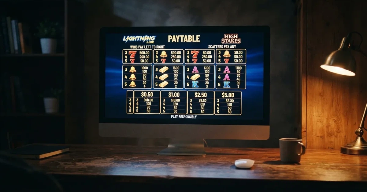 A slot machine's paytable screen glowing on a monitor in a dim room.