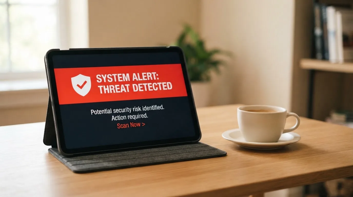 A tablet screen displaying an official regulator warning notice on a desk beside a coffee cup.