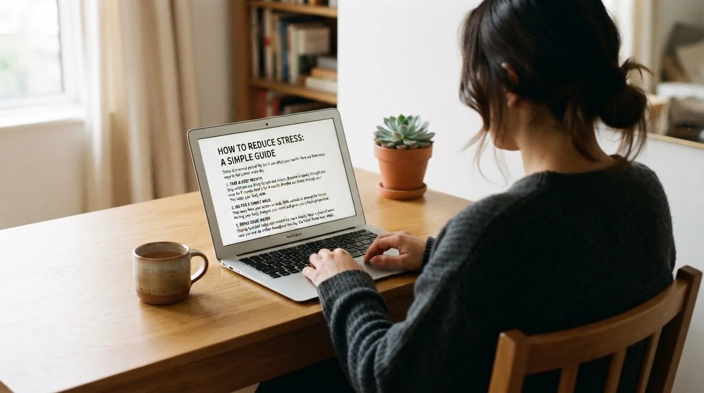 A person at a laptop reading a plain-language explainer article at a home desk.
