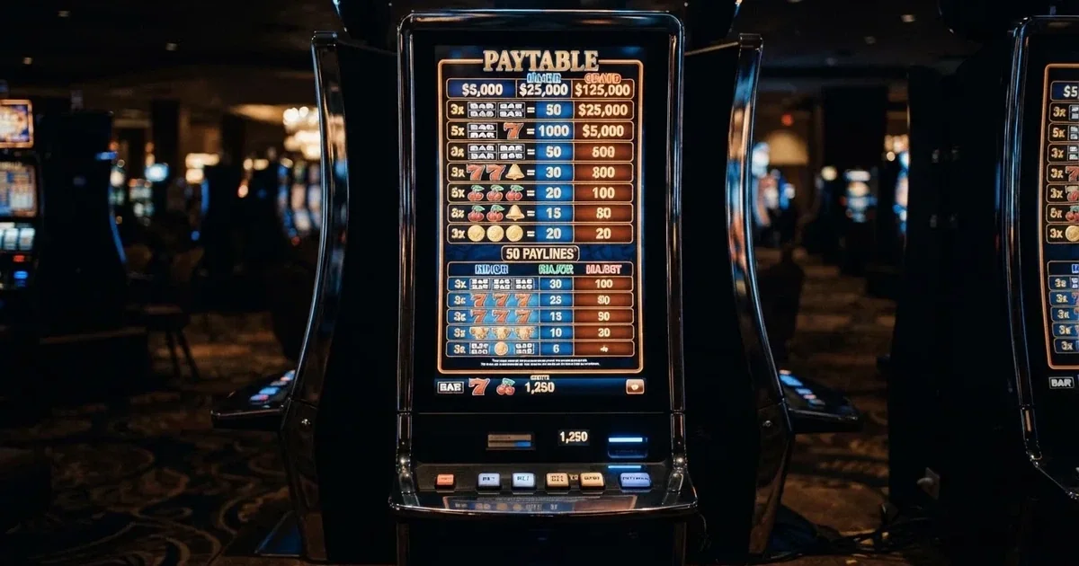 A slot machine's paytable screen glowing on a monitor in a dim room.
