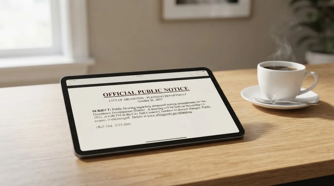 A tablet screen displaying an official regulator warning notice on a desk beside a coffee cup.