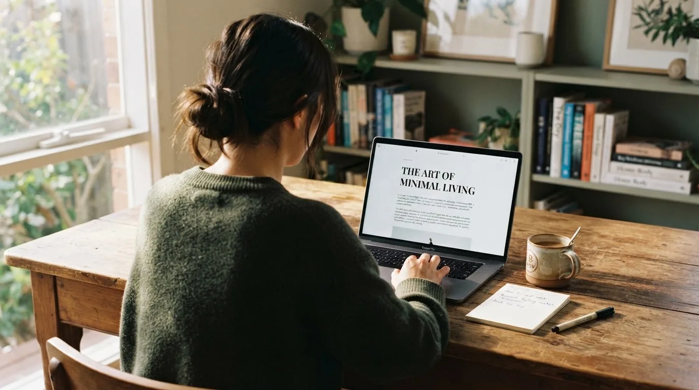 A person at a laptop reading a plain-language explainer article at a home desk.