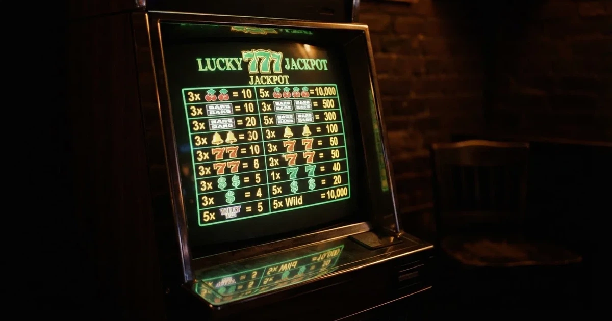 A slot machine's paytable screen glowing on a monitor in a dim room.