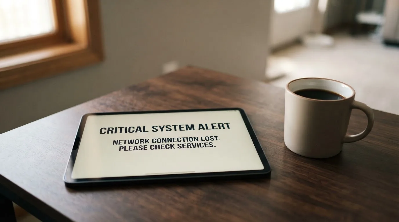 A tablet screen displaying an official regulator warning notice on a desk beside a coffee cup.