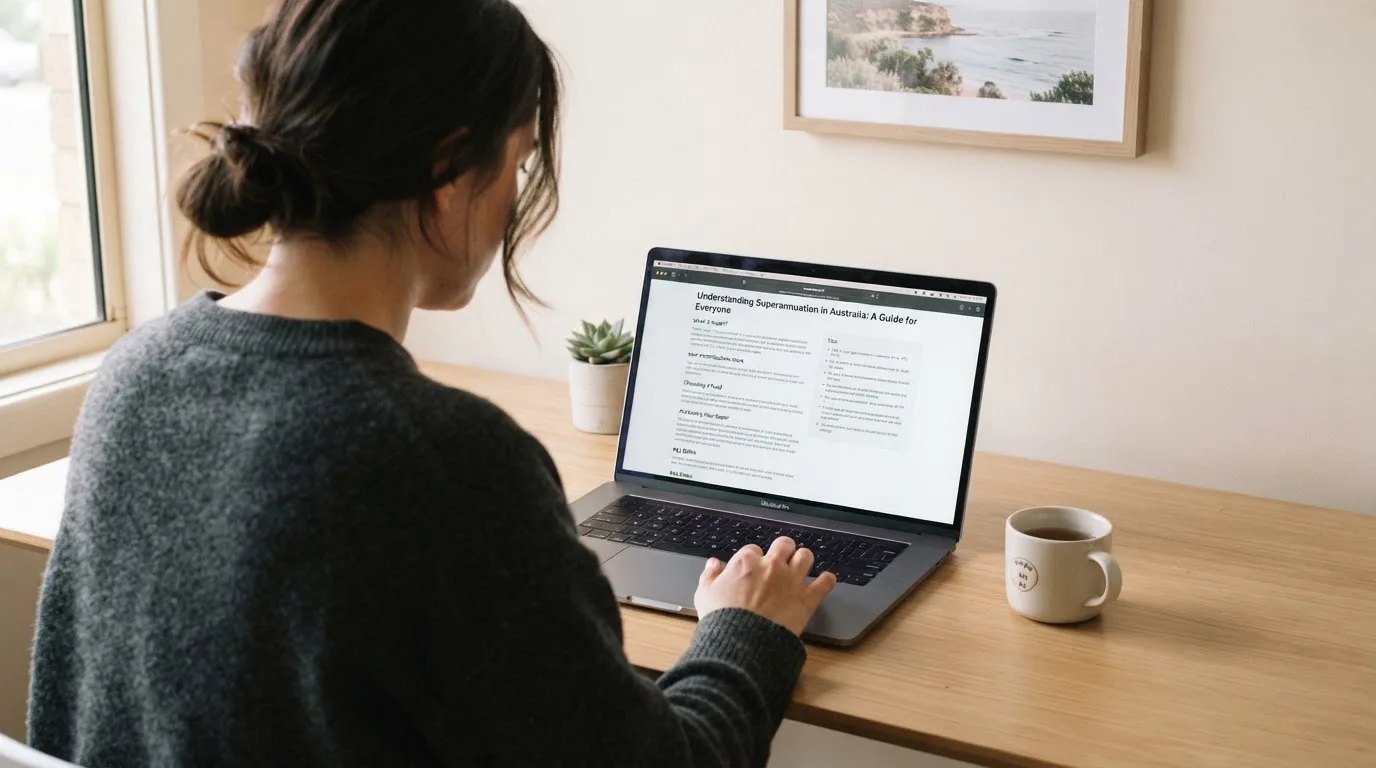 A person at a laptop reading a plain-language explainer article at a home desk.