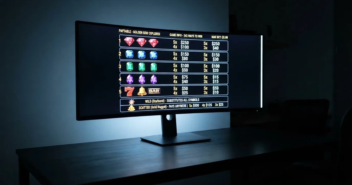 A slot machine's paytable screen glowing on a monitor in a dim room.