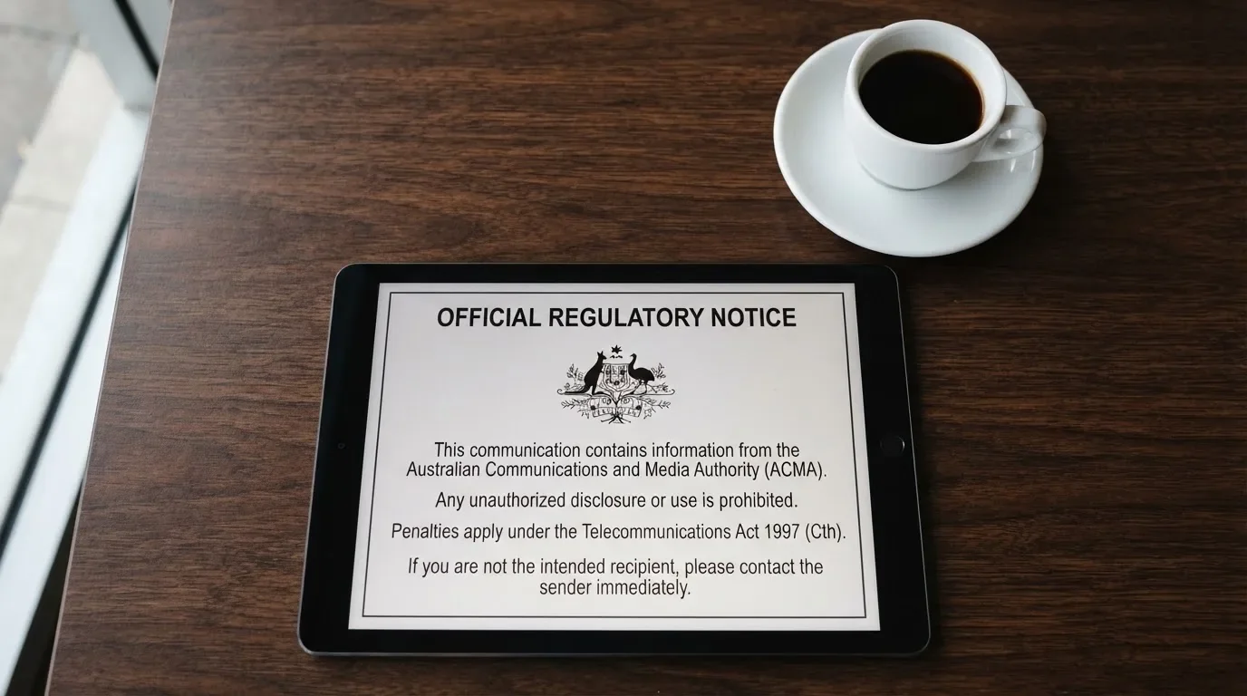 A tablet screen displaying an official regulator warning notice on a desk beside a coffee cup.