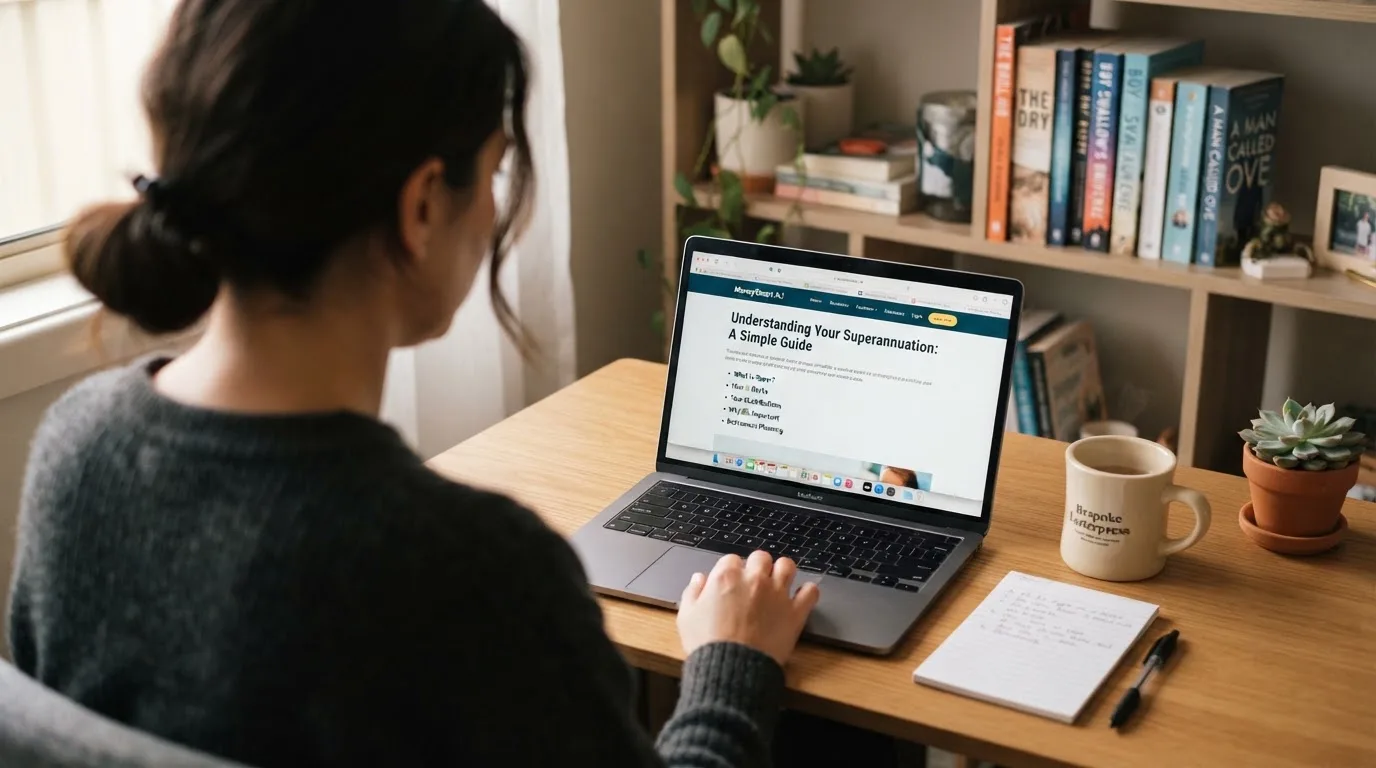 A person at a laptop reading a plain-language explainer article at a home desk.