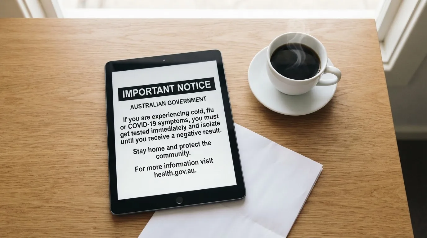 A tablet screen displaying an official regulator warning notice on a desk beside a coffee cup.
