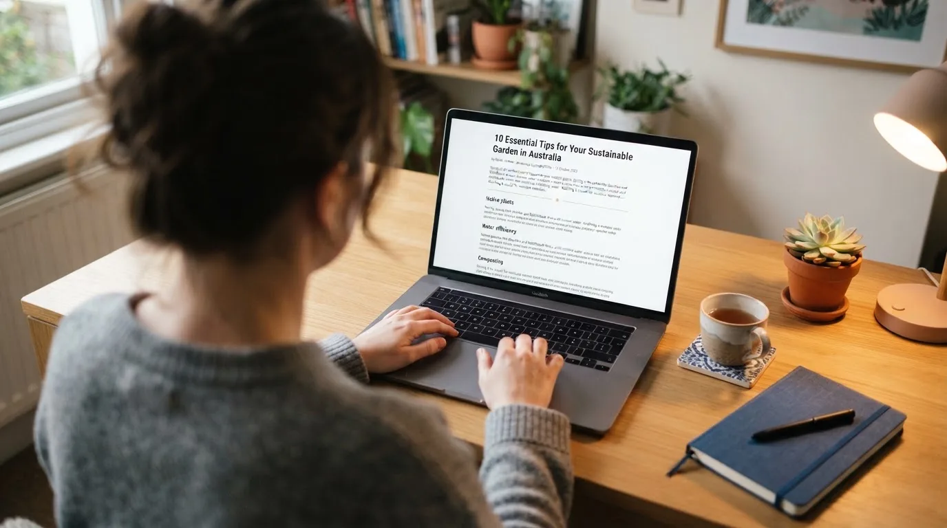 A person at a laptop reading a plain-language explainer article at a home desk.