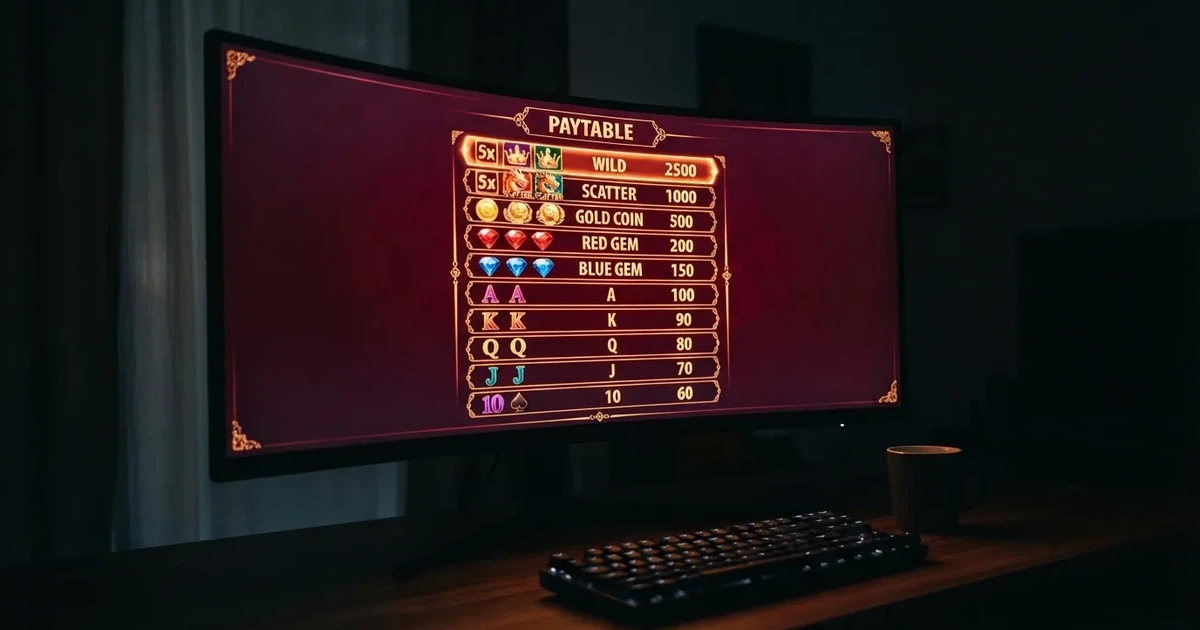 A slot machine's paytable screen glowing on a monitor in a dim room.