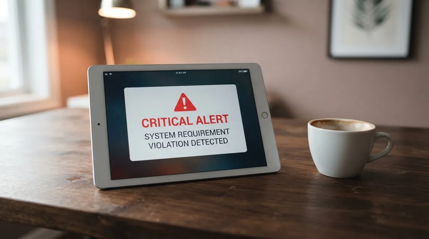 A tablet screen displaying an official regulator warning notice on a desk beside a coffee cup.