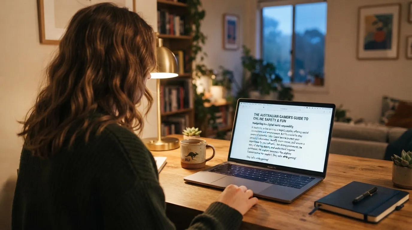 A person at a laptop reading a plain-language explainer article at a home desk.