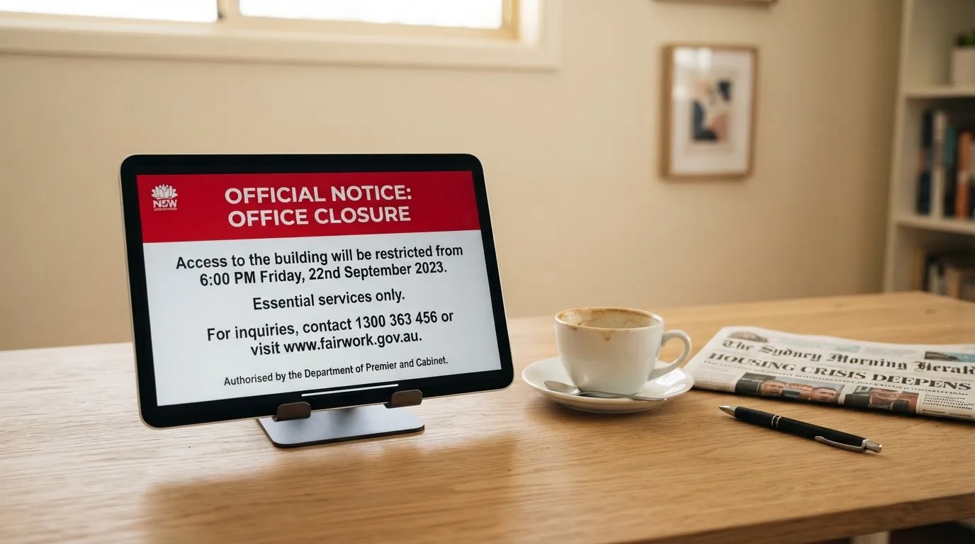 A tablet screen displaying an official regulator warning notice on a desk beside a coffee cup.