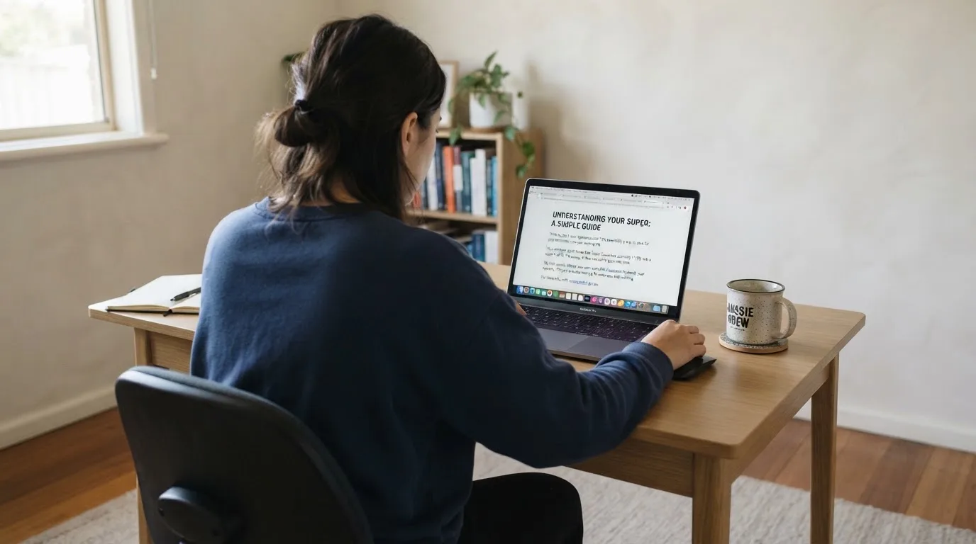 A person at a laptop reading a plain-language explainer article at a home desk.