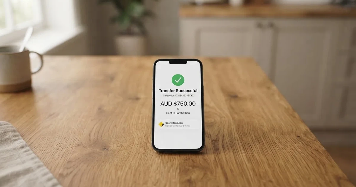 A close-up of a banking app on a smartphone showing a same-day transfer confirmation on a kitchen table.