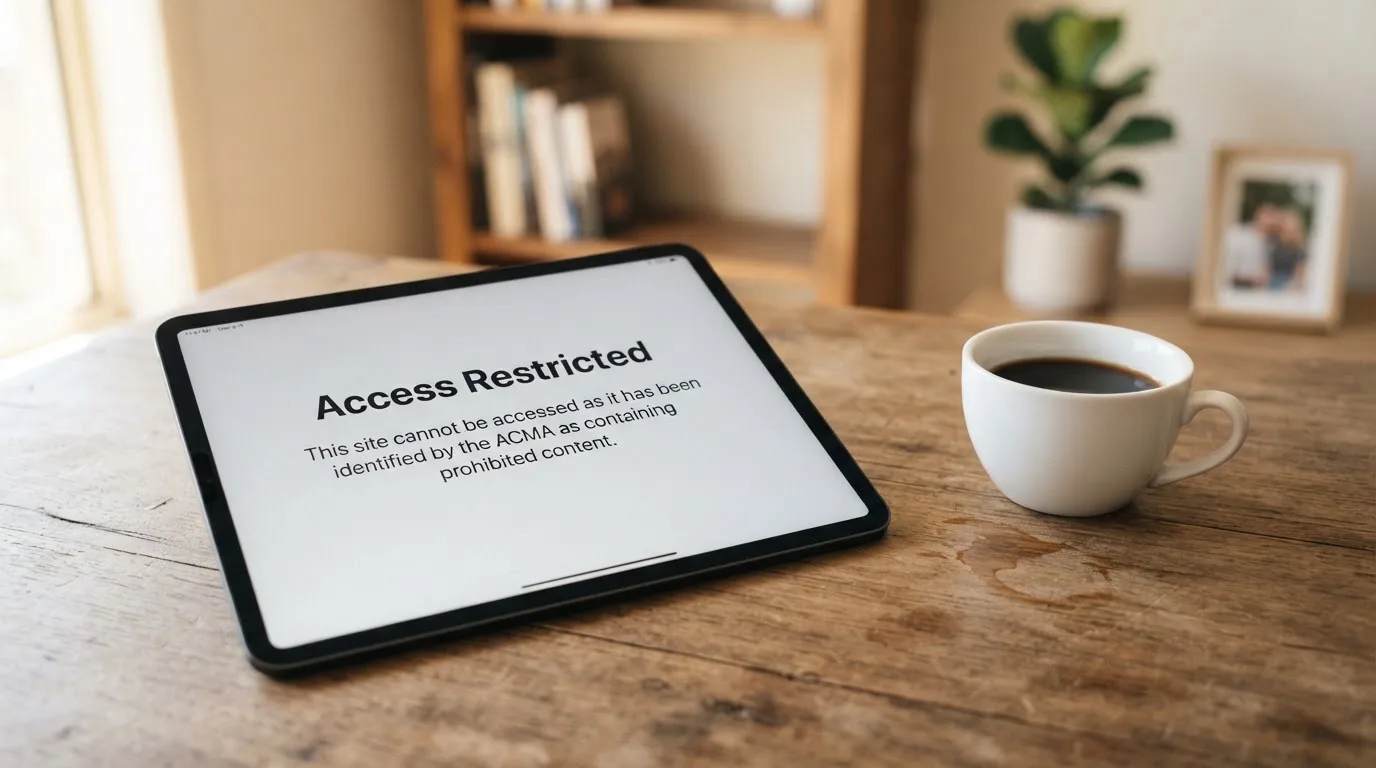 A tablet screen displaying an official regulator warning notice on a desk beside a coffee cup.