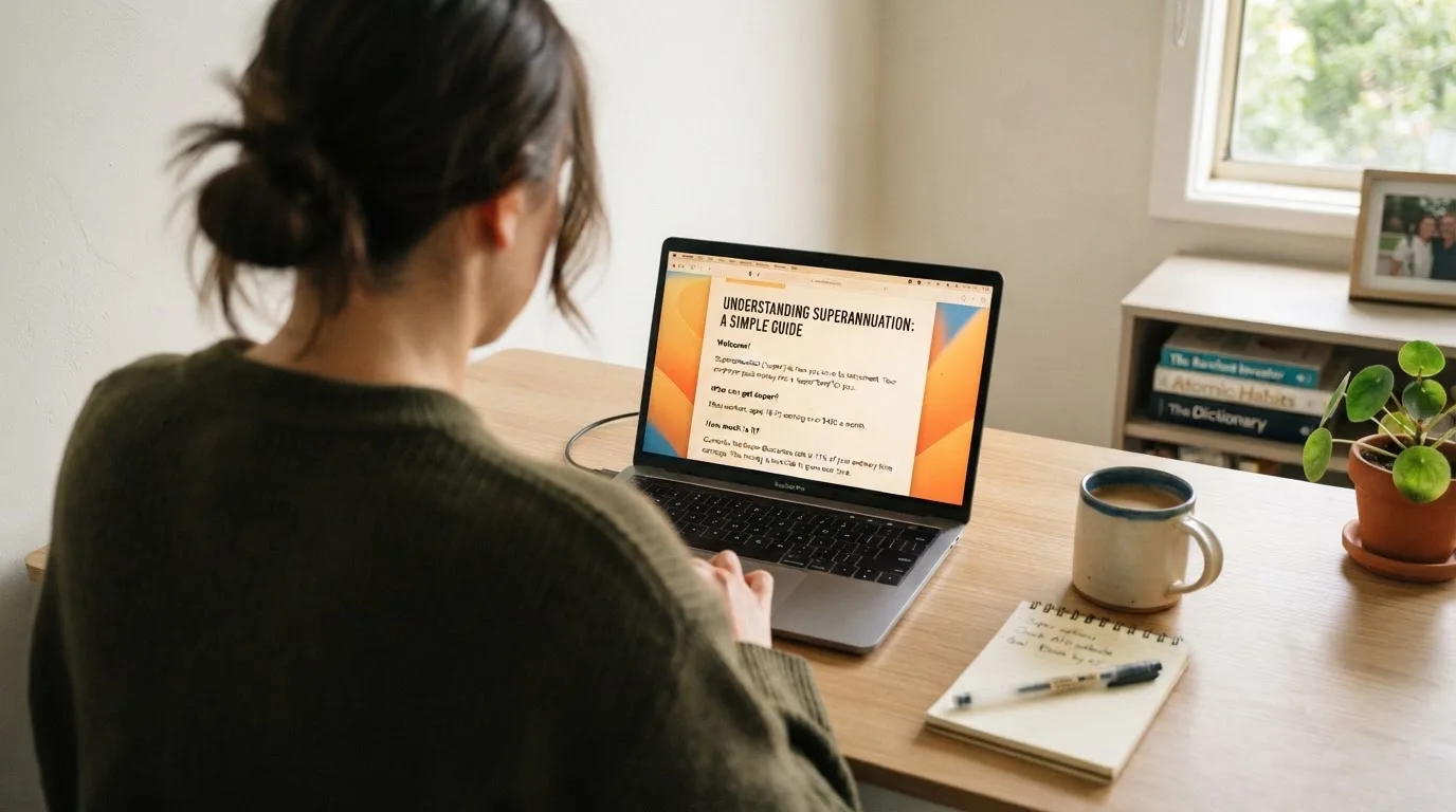 A person at a laptop reading a plain-language explainer article at a home desk.