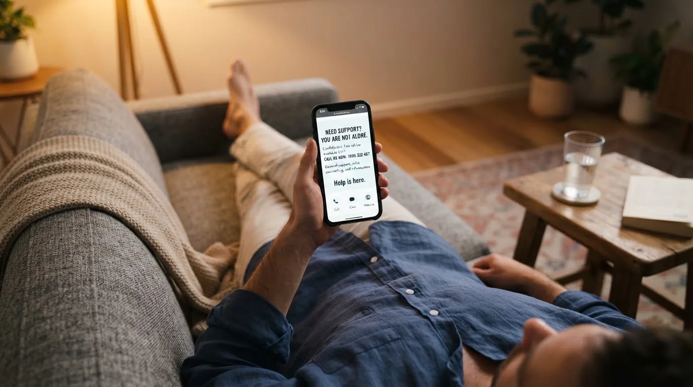 A person looking at a support helpline page on a phone while sitting on a couch.