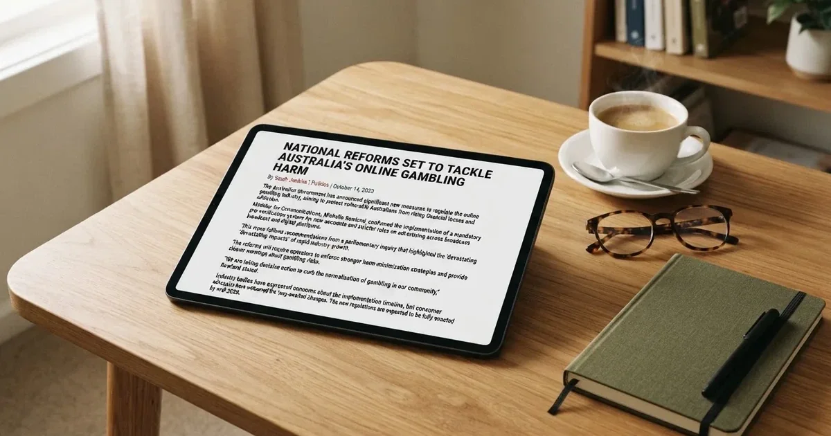 A tablet screen displaying an official regulator warning notice on a desk beside a coffee cup.
