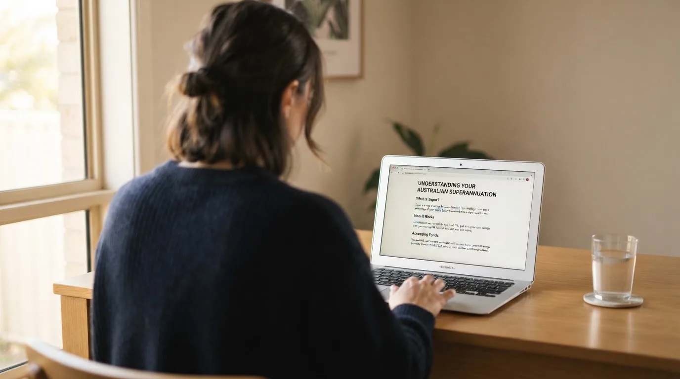 A person at a laptop reading a plain-language explainer article at a home desk.