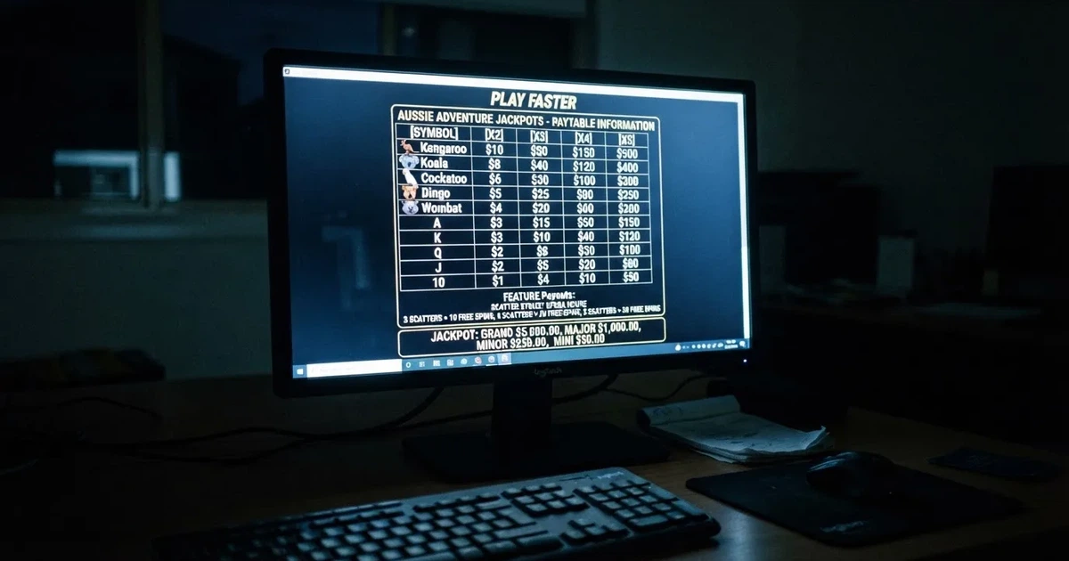 A slot machine's paytable screen glowing on a monitor in a dim room.