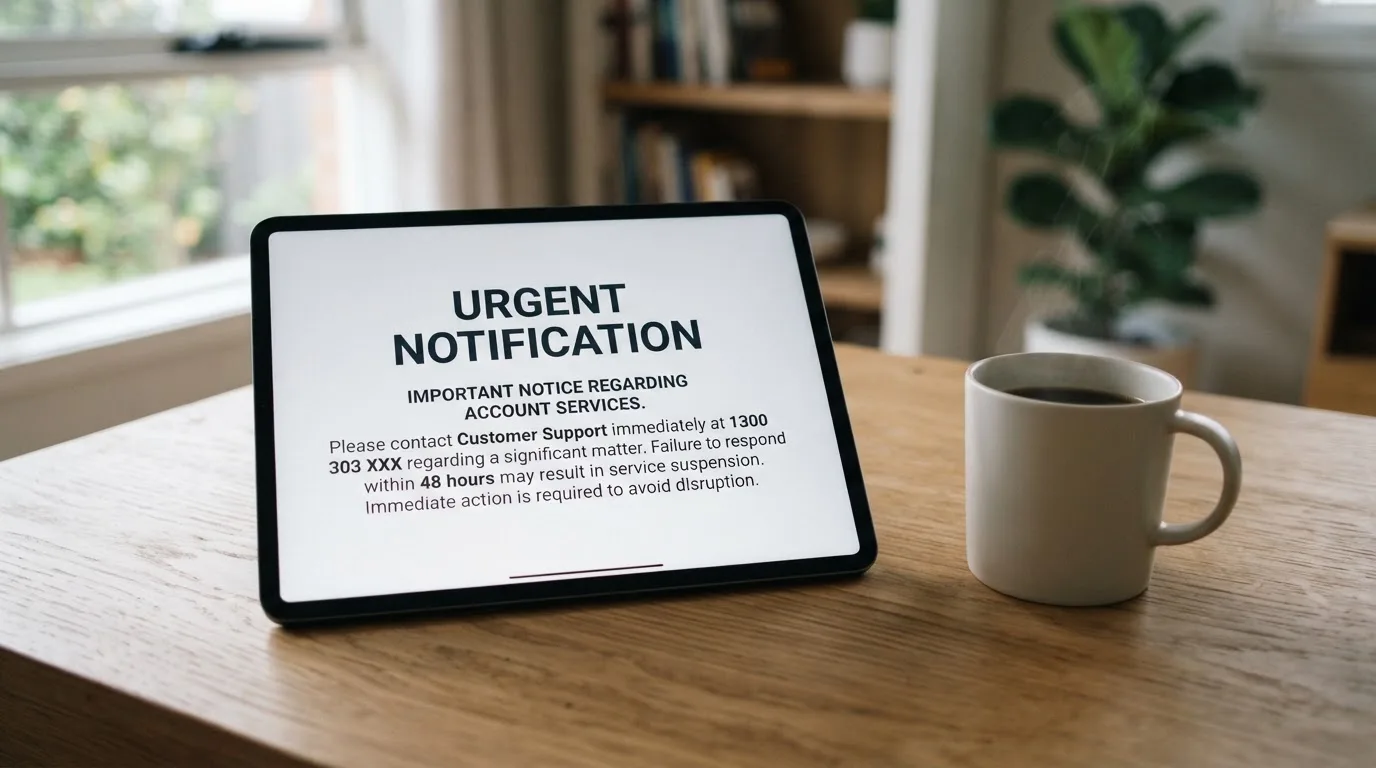 A tablet screen displaying an official regulator warning notice on a desk beside a coffee cup.