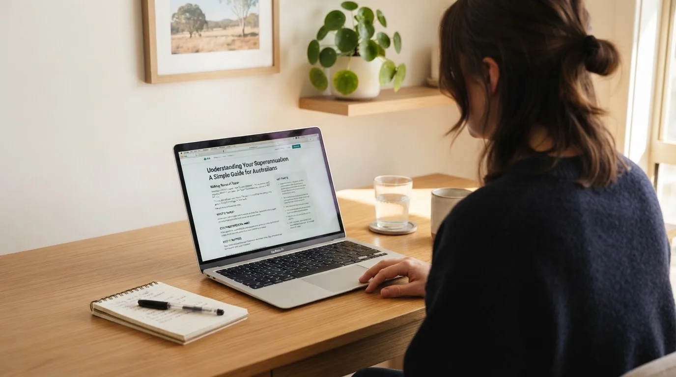 A person at a laptop reading a plain-language explainer article at a home desk.