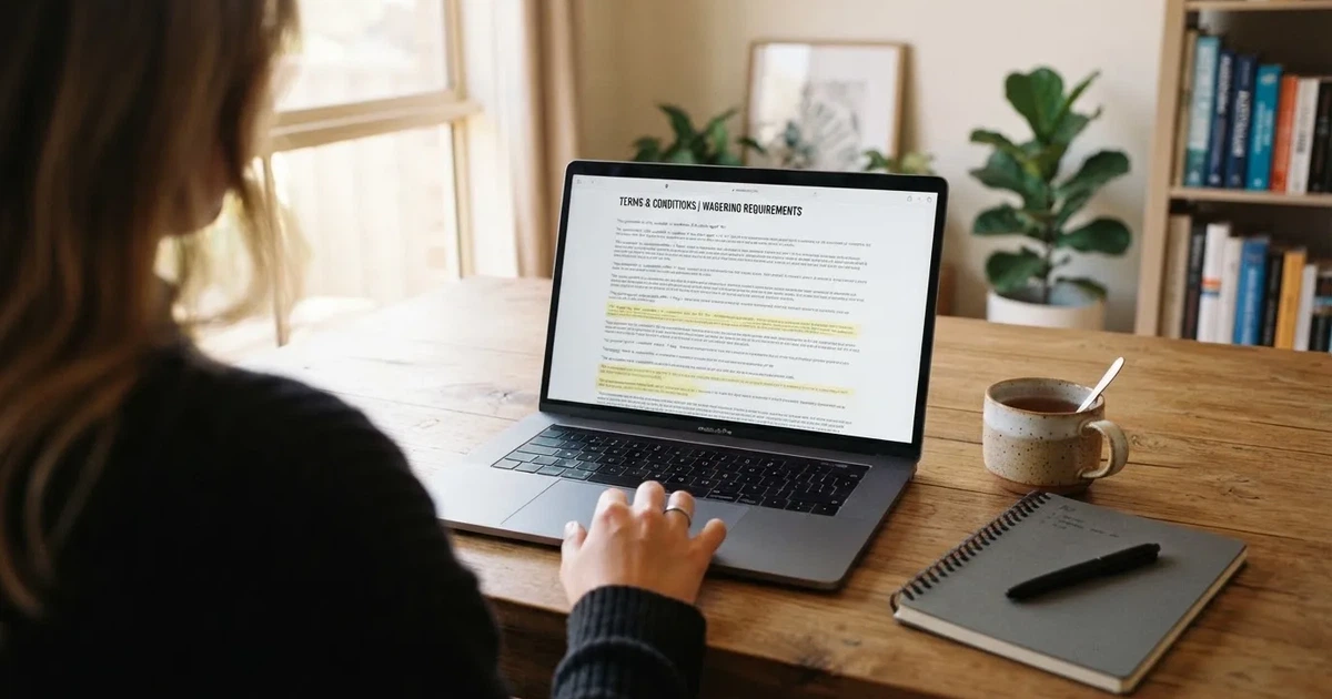A laptop screen showing a terms-and-conditions page with wagering requirements highlighted.