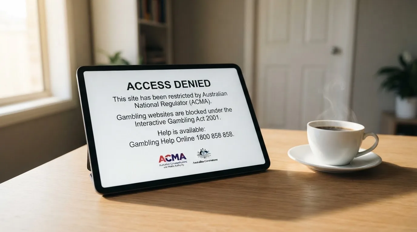 A tablet screen displaying an official regulator warning notice on a desk beside a coffee cup.