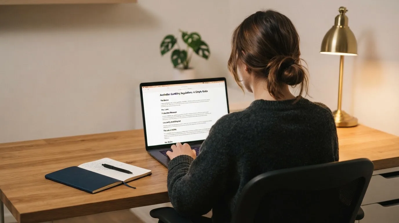 A person at a laptop reading a plain-language explainer article at a home desk.