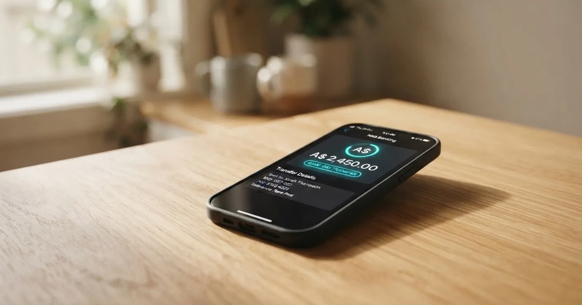 A close-up of a banking app on a smartphone showing a same-day transfer confirmation on a kitchen table.