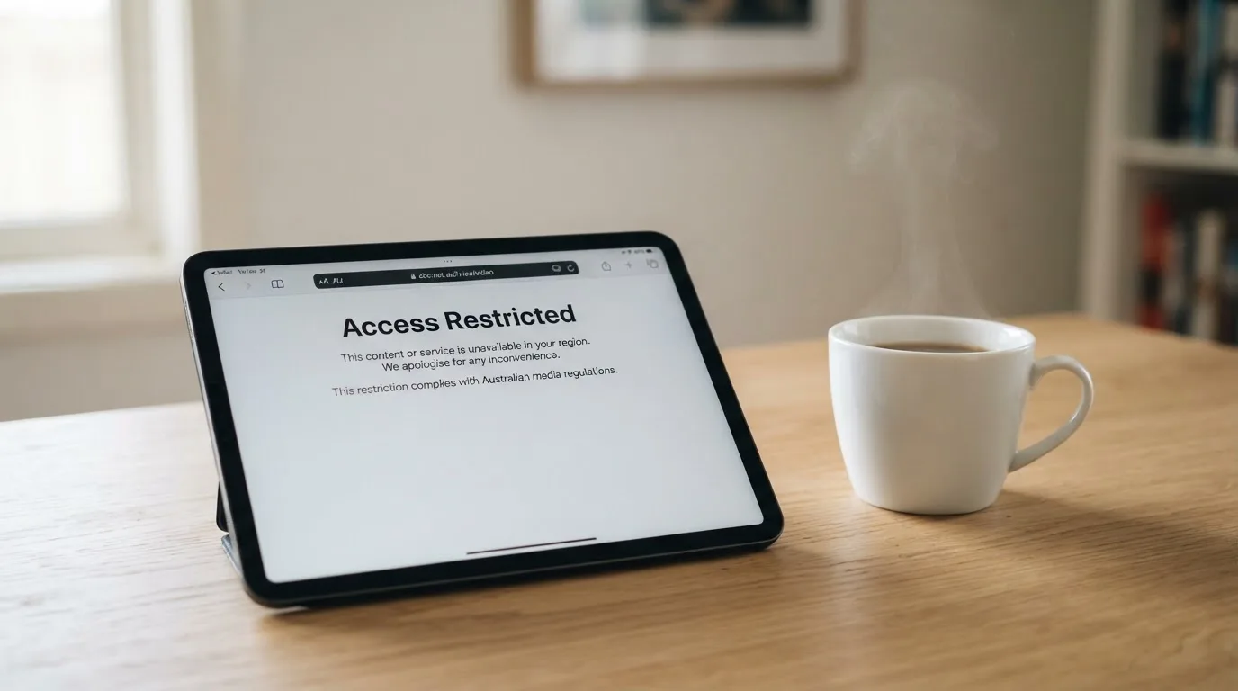 A tablet screen displaying an official regulator warning notice on a desk beside a coffee cup.