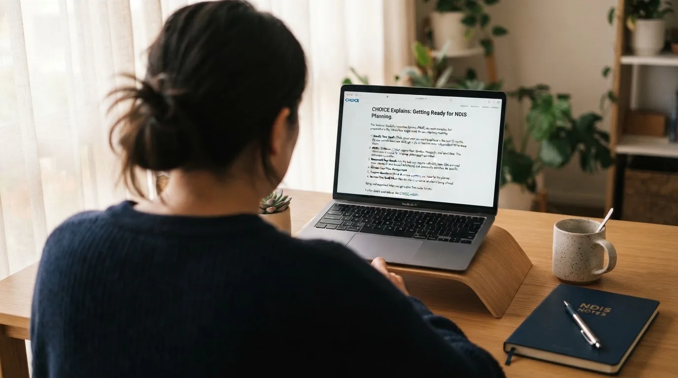 A person at a laptop reading a plain-language explainer article at a home desk.