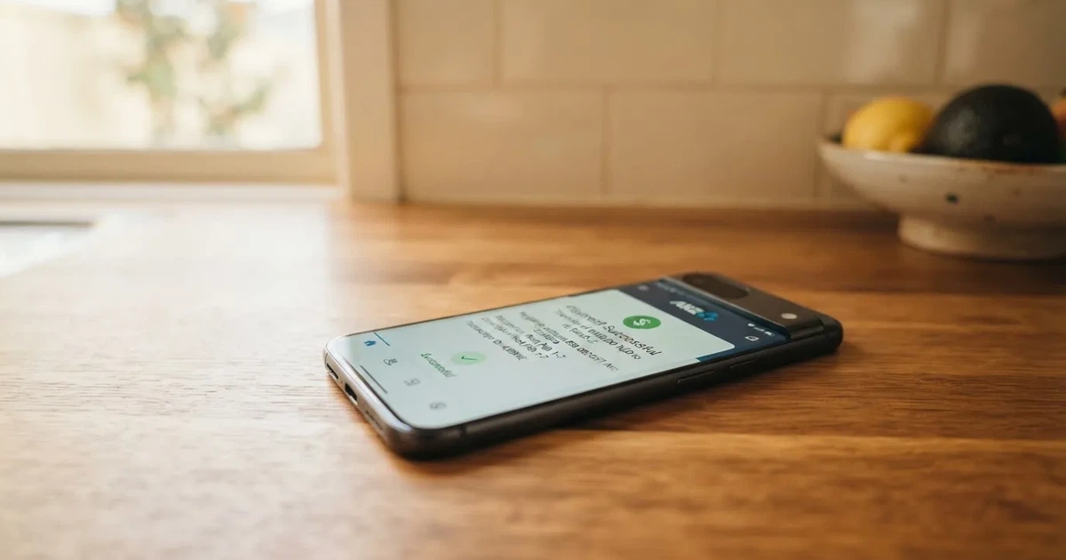 A close-up of a banking app on a smartphone showing a same-day transfer confirmation on a kitchen table.